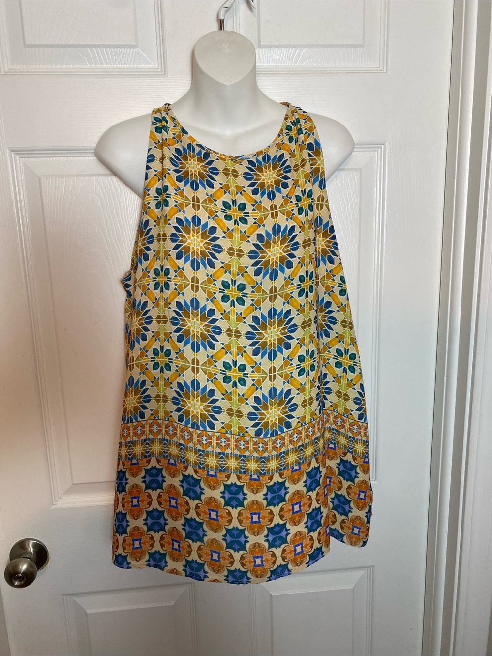 Antibes Blanc Printed Sleeveless Tunic in Cream, Blue & Yellow Size XL